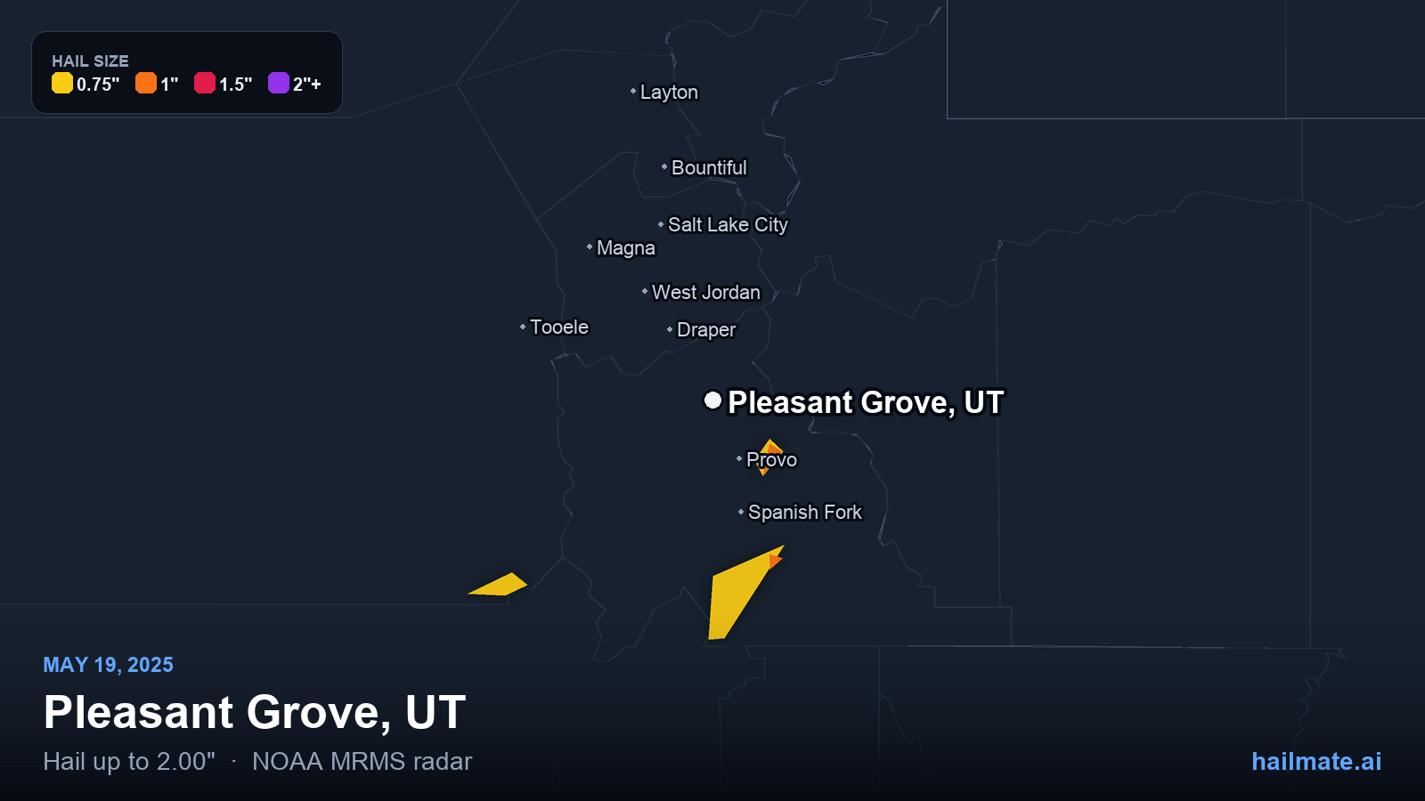 Hail swath map for Pleasant Grove, UT on May 19, 2025 showing 2.00 inch hail.