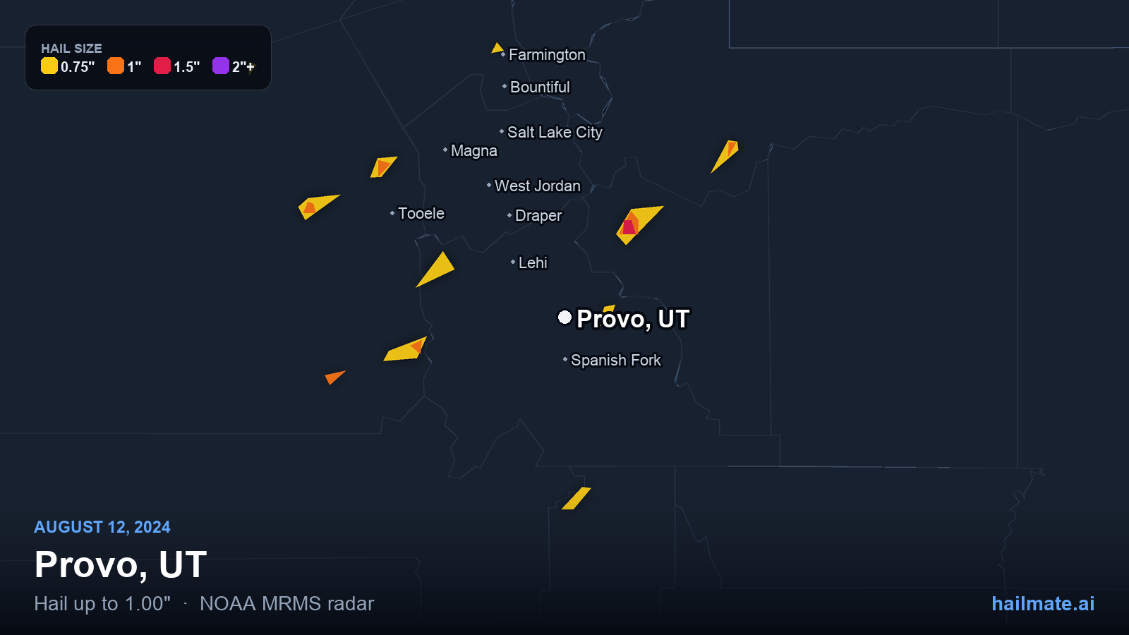 Hail swath map for Provo, UT on August 12, 2024 showing 1.00 inch hail.
