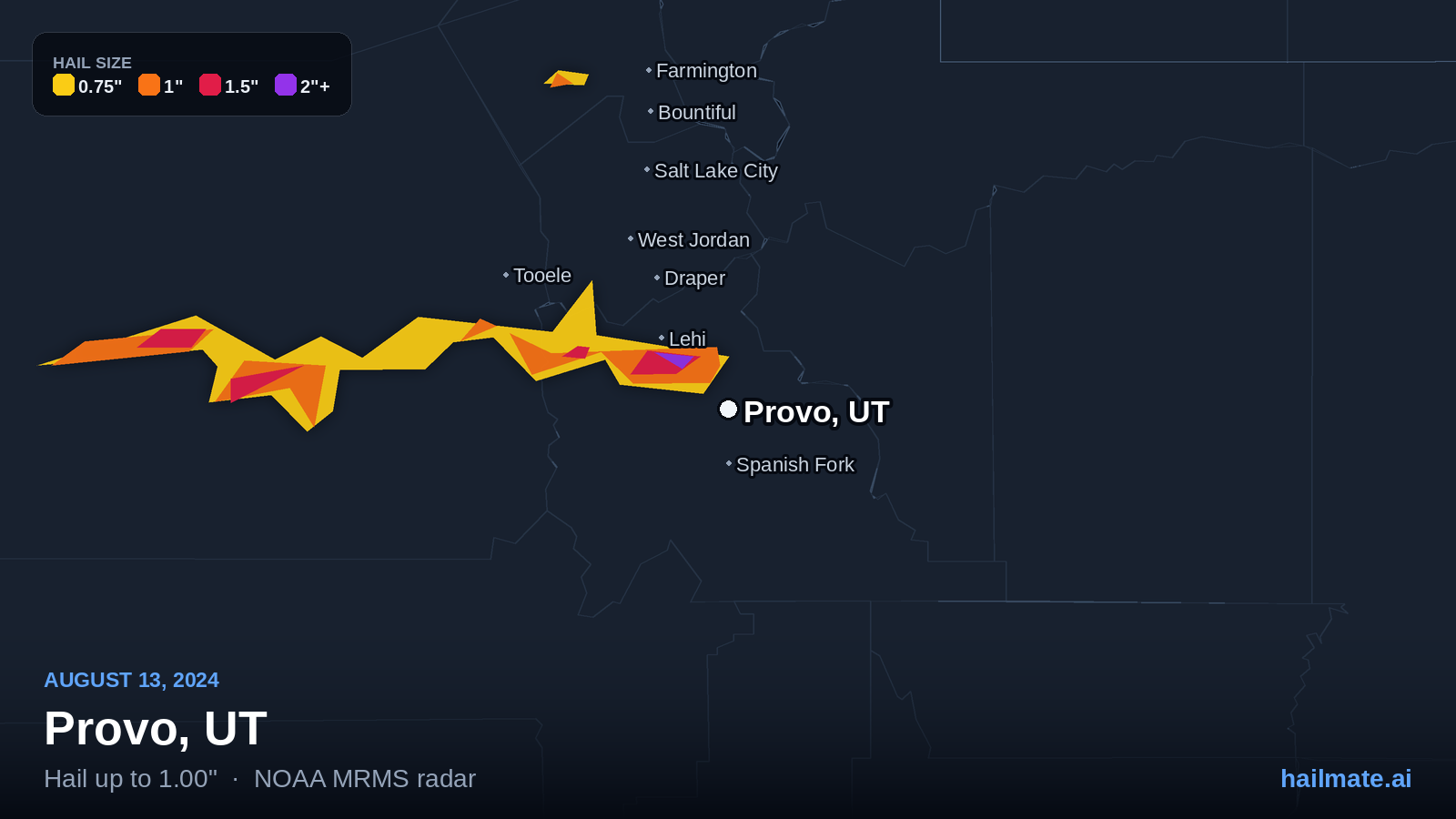 Hail swath map for Provo, UT on August 13, 2024 showing 1.00 inch hail.
