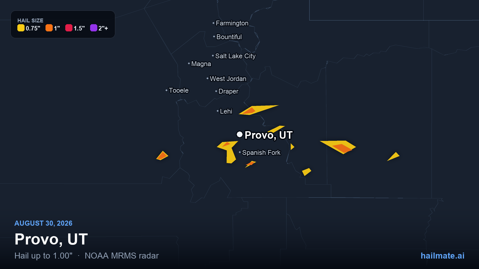 Hail swath map for Provo, UT on August 30, 2026 showing 1.00 inch hail.