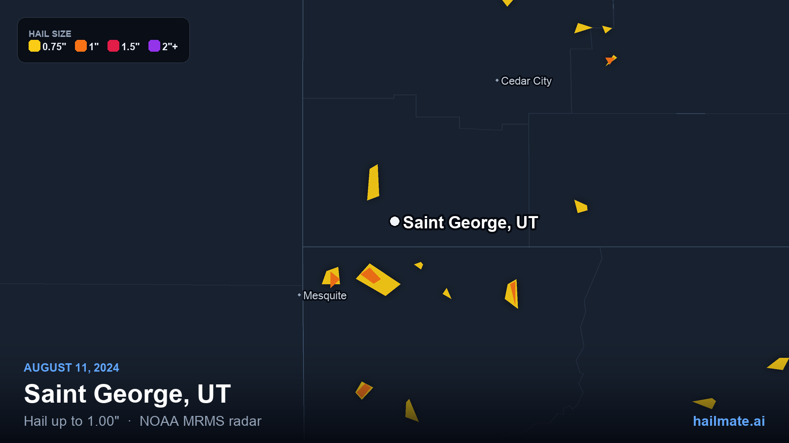 Hail swath map for Saint George, UT on August 11, 2024 showing 1.00 inch hail.