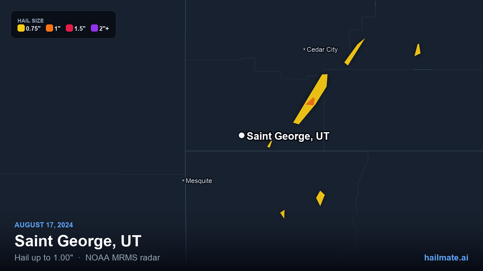 Hail swath map for Saint George, UT on August 17, 2024 showing 1.00 inch hail.