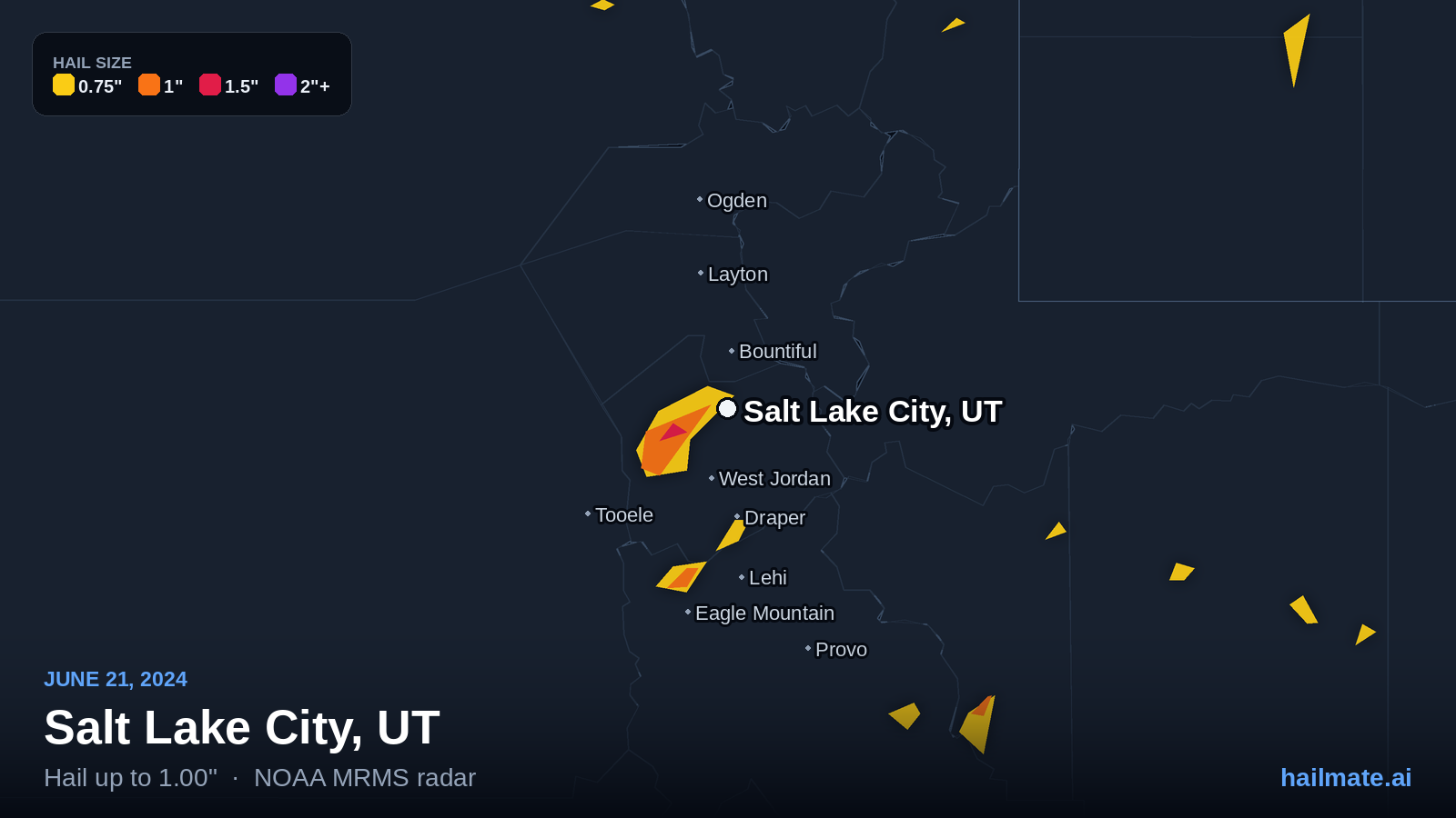 Hail swath map for Salt Lake City, UT on June 21, 2024 showing 1.00 inch hail.