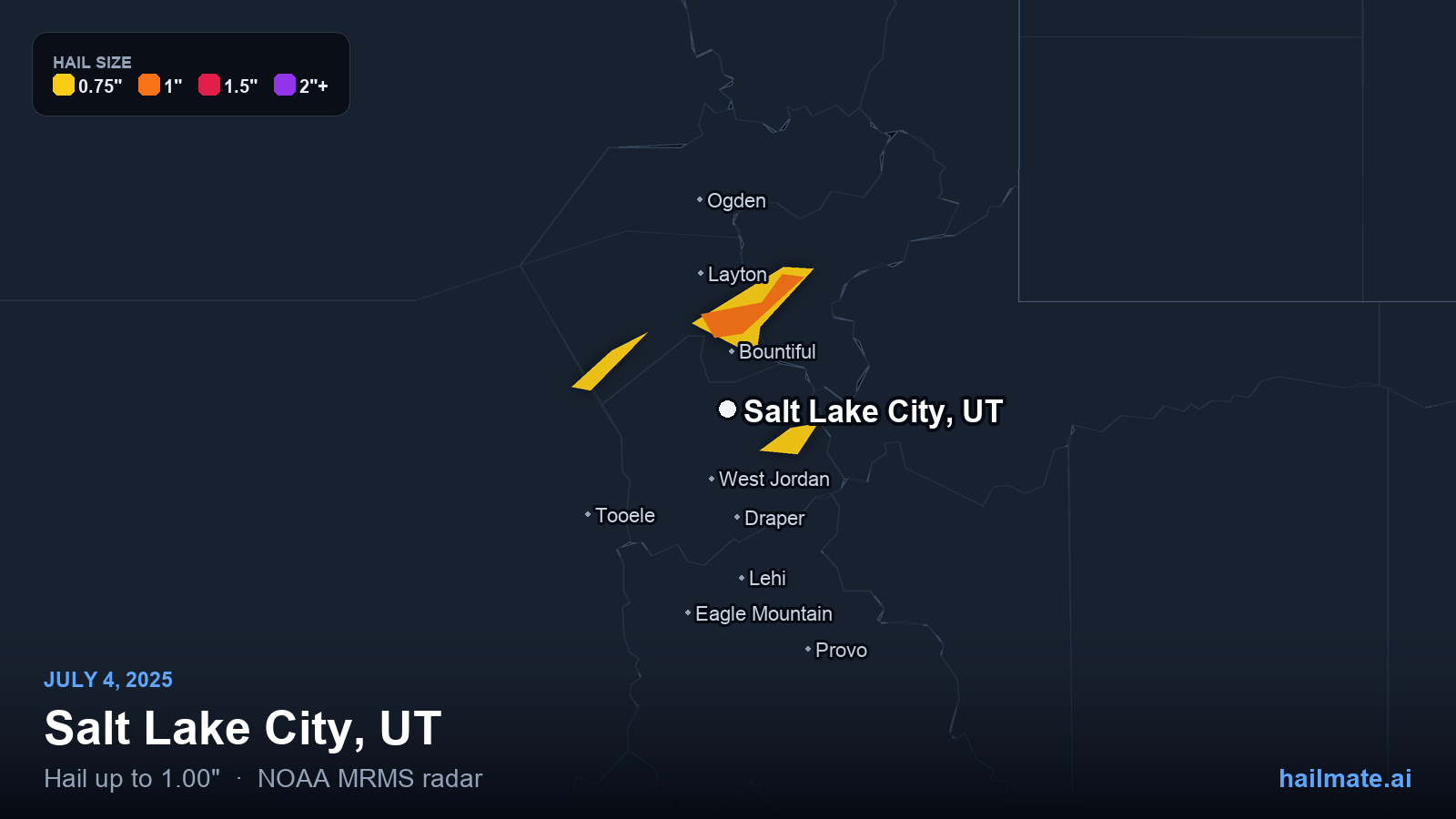 Hail swath map for Salt Lake City, UT on July 4, 2025 showing 1.00 inch hail.