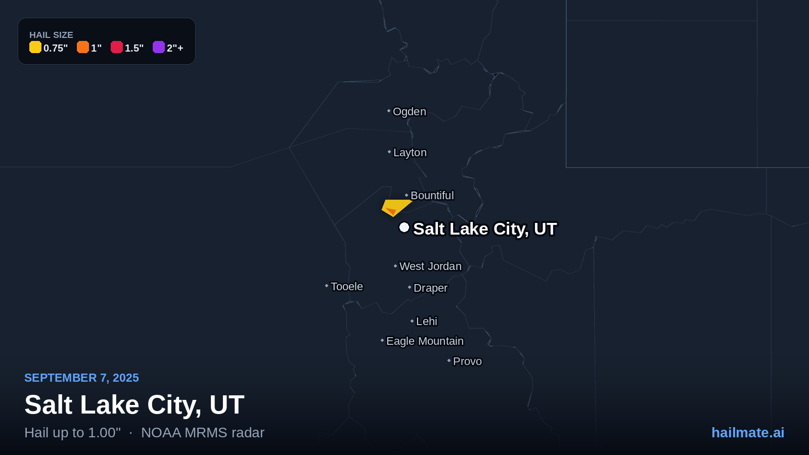 Hail swath map for Salt Lake City, UT on September 7, 2025 showing 1.00 inch hail.