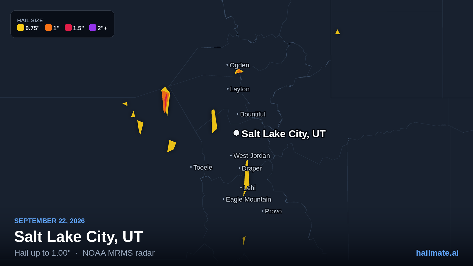 Hail swath map for Salt Lake City, UT on September 22, 2026 showing 1.00 inch hail.