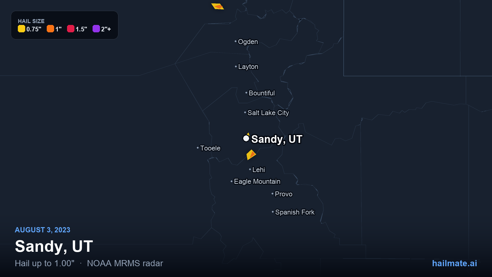 Hail swath map for Sandy, UT on August 3, 2023 showing 1.00 inch hail.