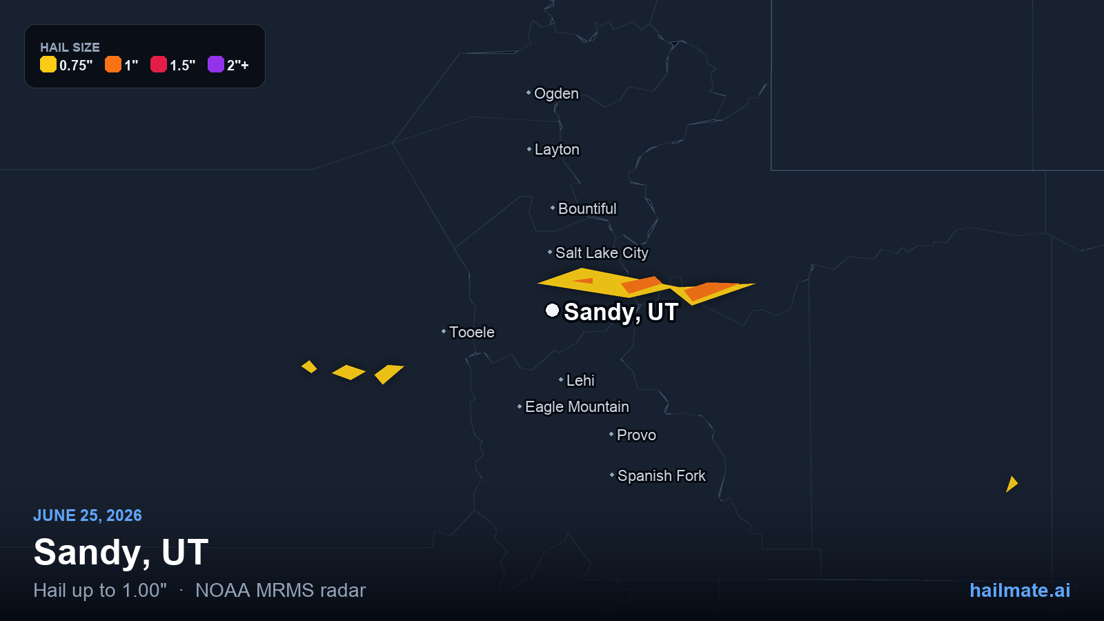 Hail swath map for Sandy, UT on June 25, 2026 showing 1.00 inch hail.