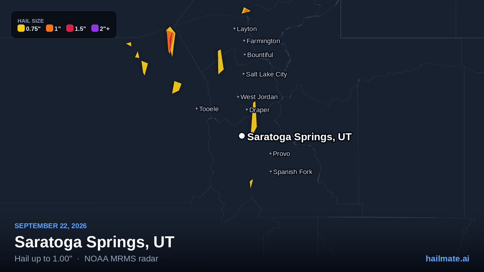 Hail swath map for Saratoga Springs, UT on September 22, 2026 showing 1.00 inch hail.