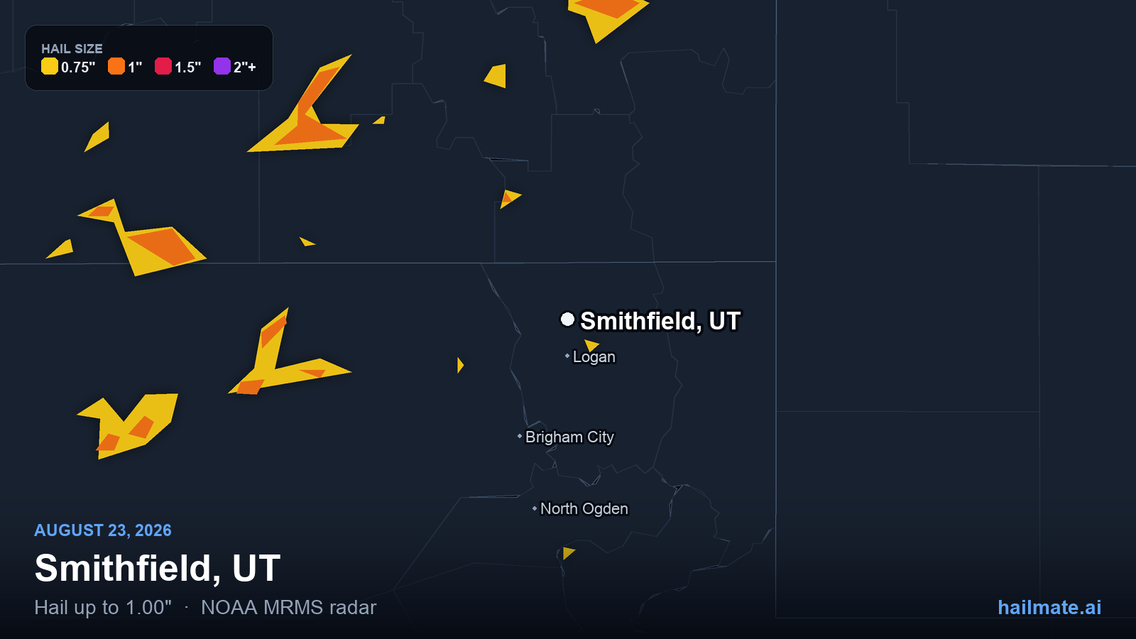 Hail swath map for Smithfield, UT on August 23, 2026 showing 1.00 inch hail.