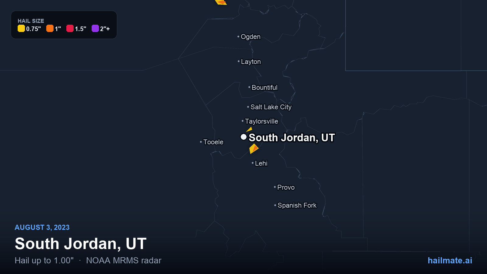 Hail swath map for South Jordan, UT on August 3, 2023 showing 1.00 inch hail.