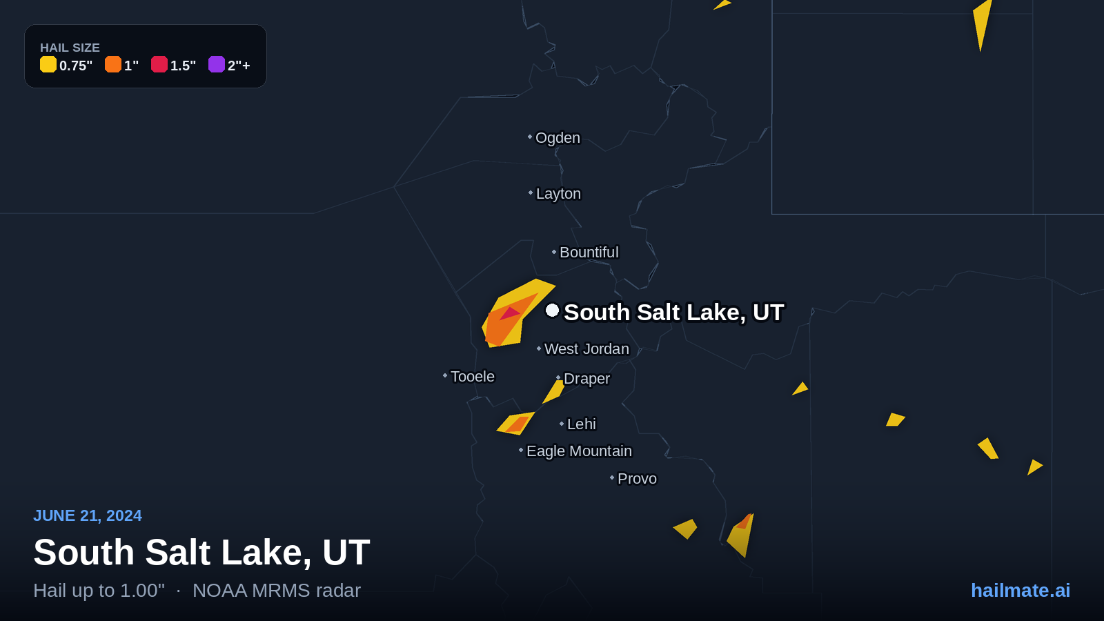 Hail swath map for South Salt Lake, UT on June 21, 2024 showing 1.00 inch hail.