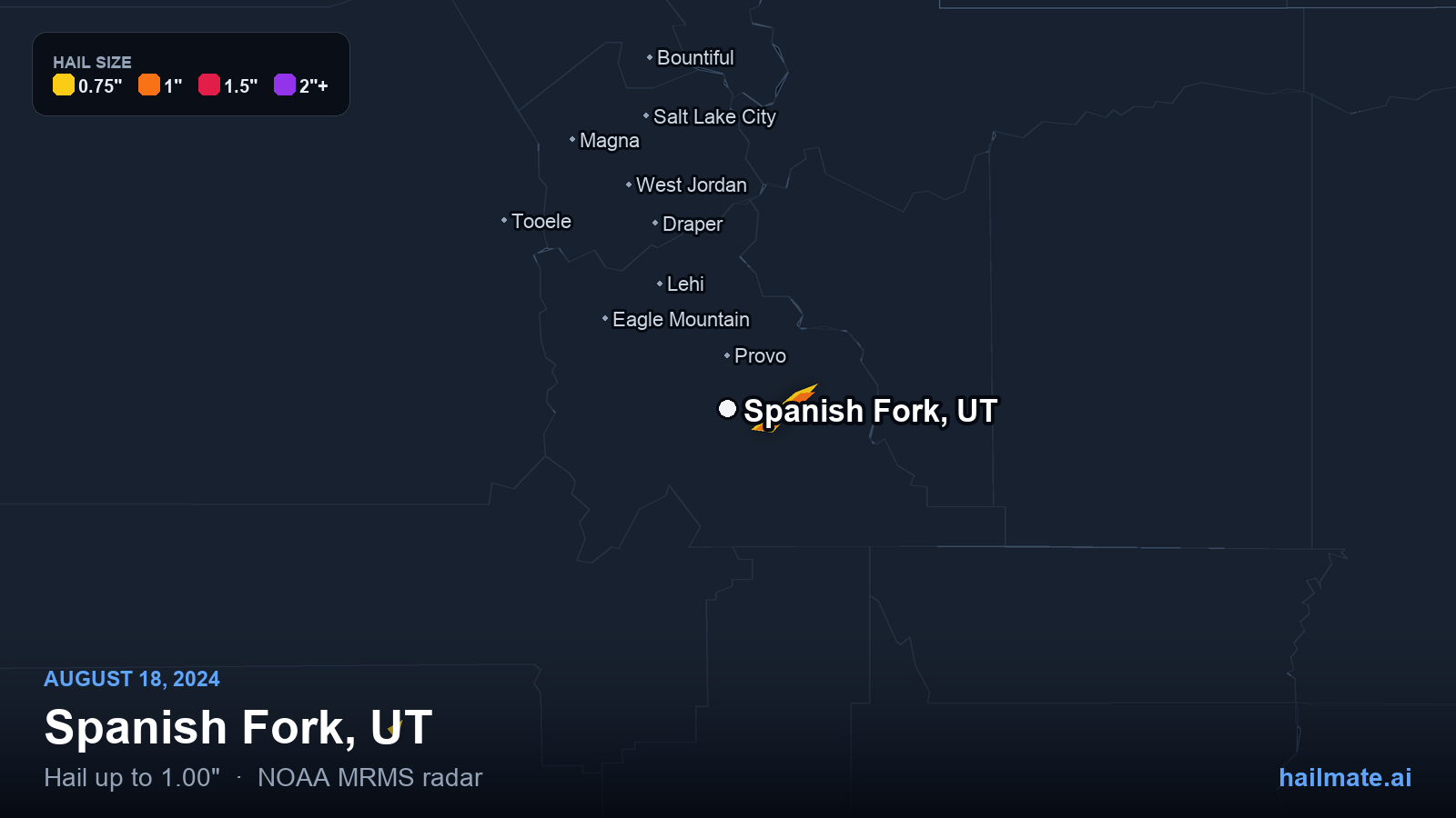 Hail swath map for Spanish Fork, UT on August 18, 2024 showing 1.00 inch hail.