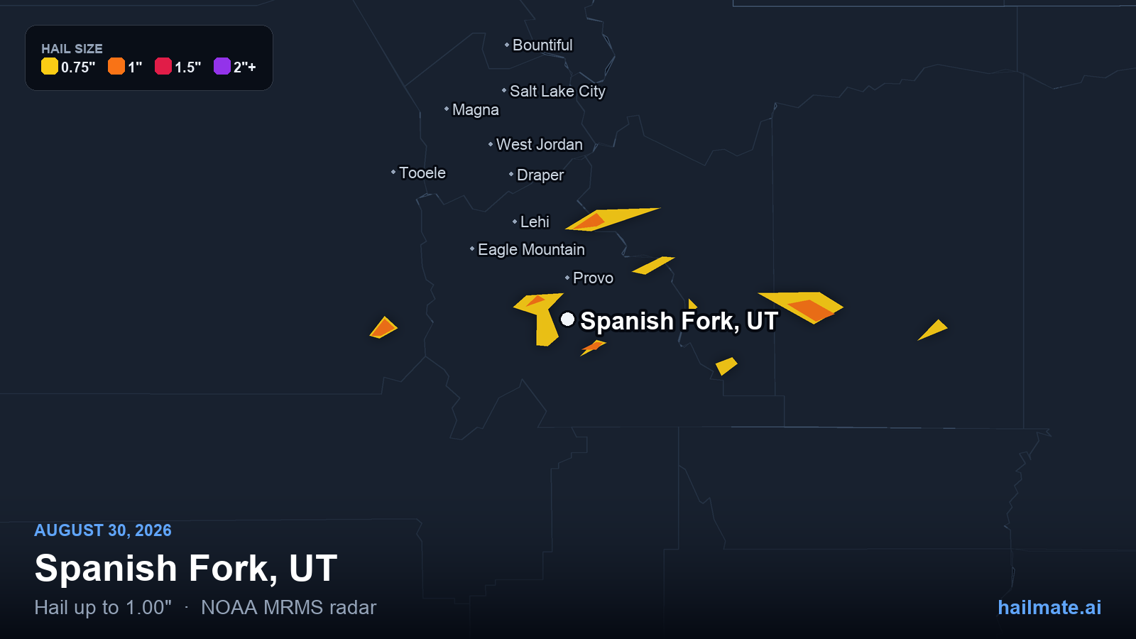 Hail swath map for Spanish Fork, UT on August 30, 2026 showing 1.00 inch hail.