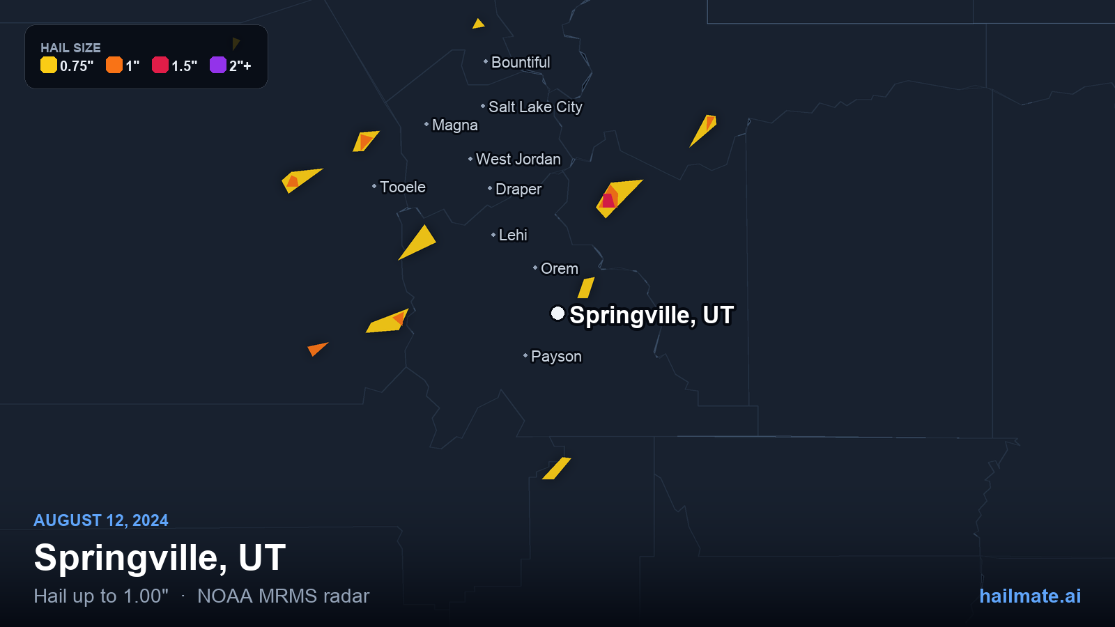 Hail swath map for Springville, UT on August 12, 2024 showing 1.00 inch hail.