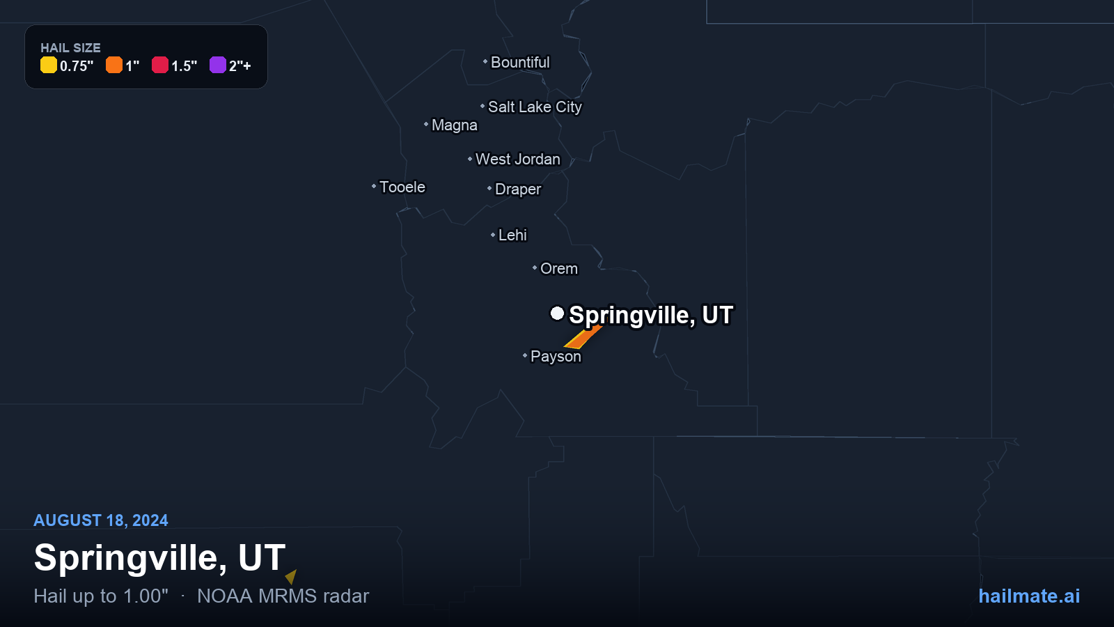 Hail swath map for Springville, UT on August 18, 2024 showing 1.00 inch hail.
