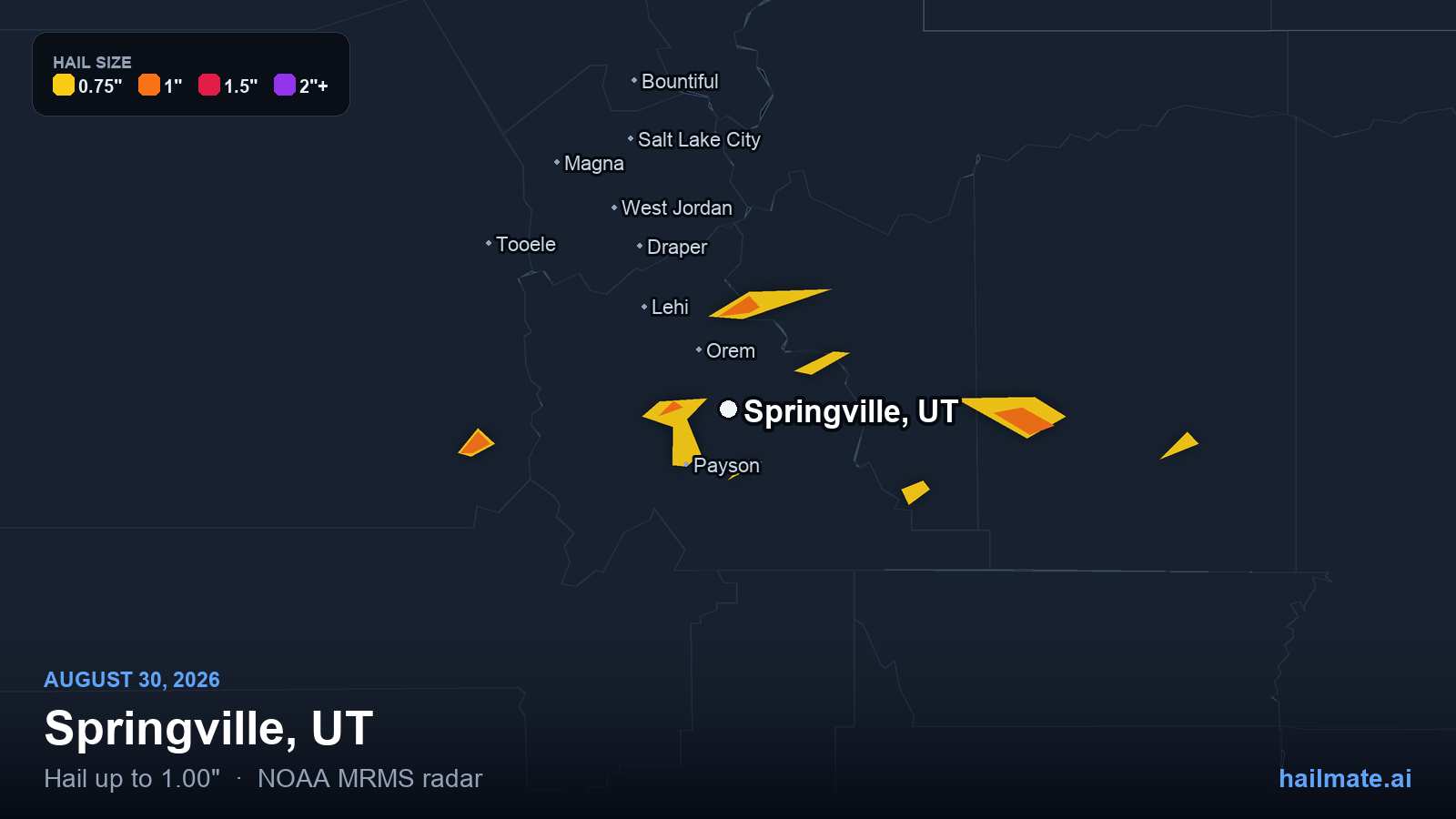 Hail swath map for Springville, UT on August 30, 2026 showing 1.00 inch hail.