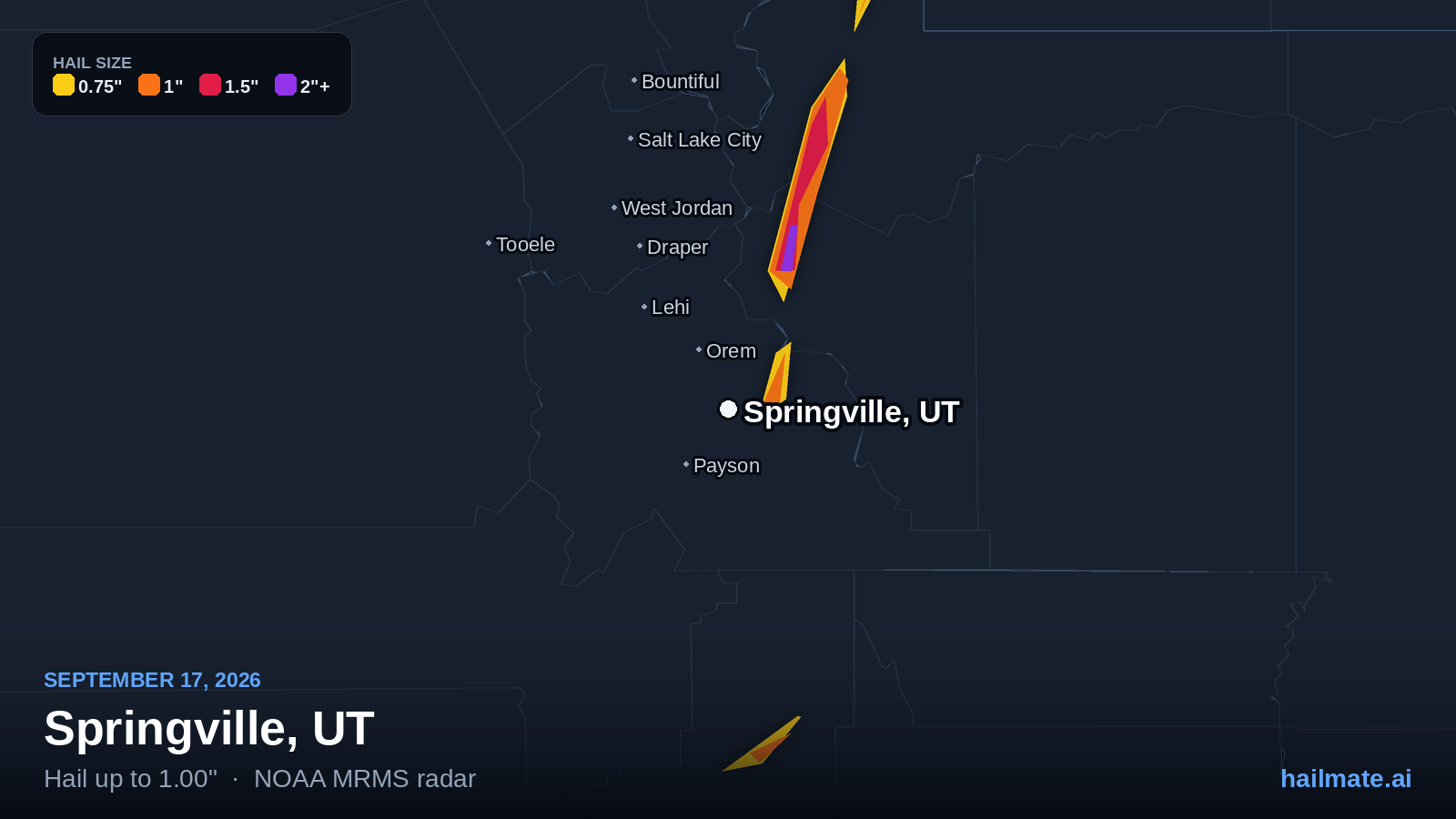 Hail swath map for Springville, UT on September 17, 2026 showing 1.00 inch hail.