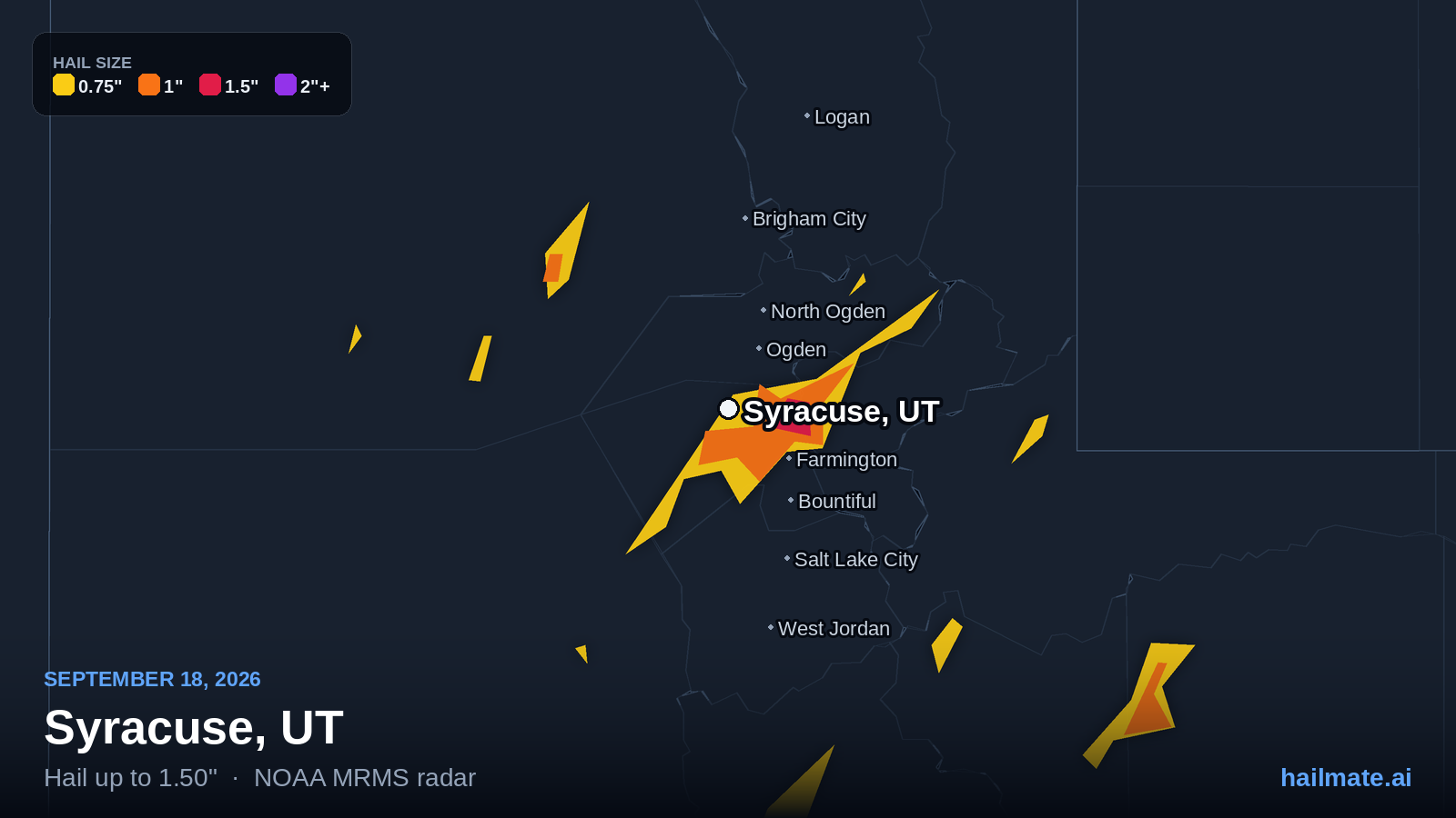 Hail swath map for Syracuse, UT on September 18, 2026 showing 1.50 inch hail.