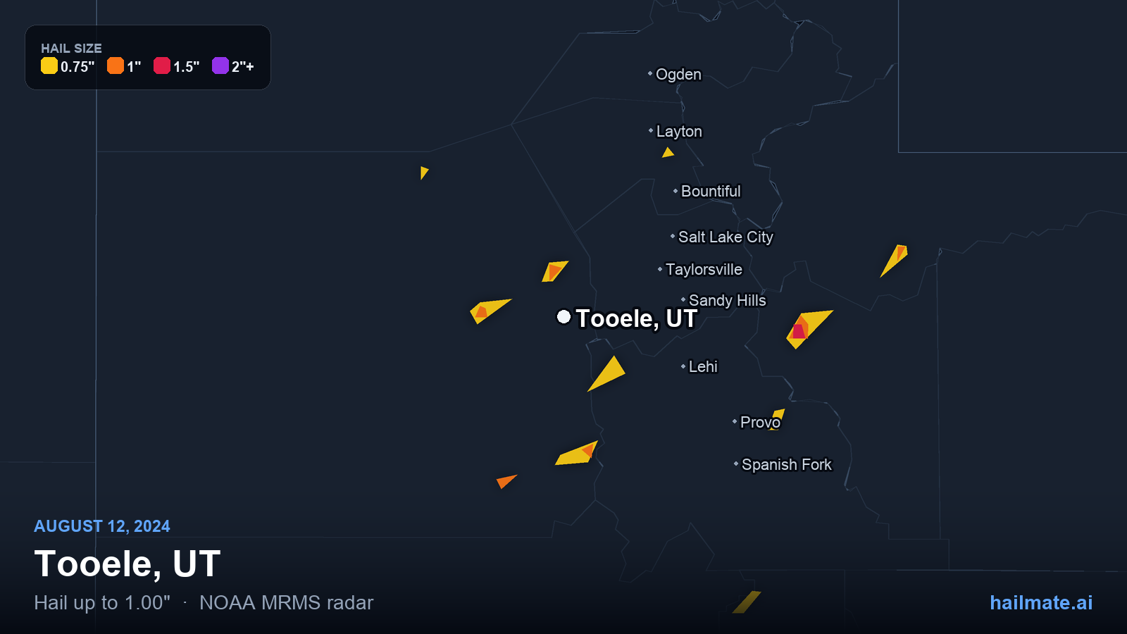 Hail swath map for Tooele, UT on August 12, 2024 showing 1.00 inch hail.