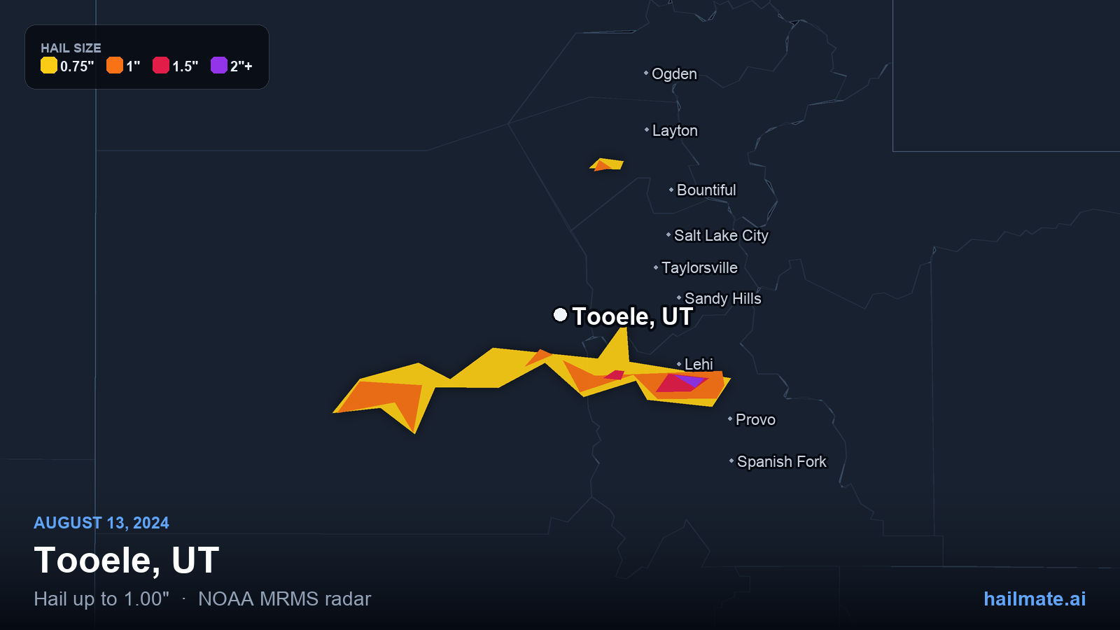 Hail swath map for Tooele, UT on August 13, 2024 showing 1.00 inch hail.