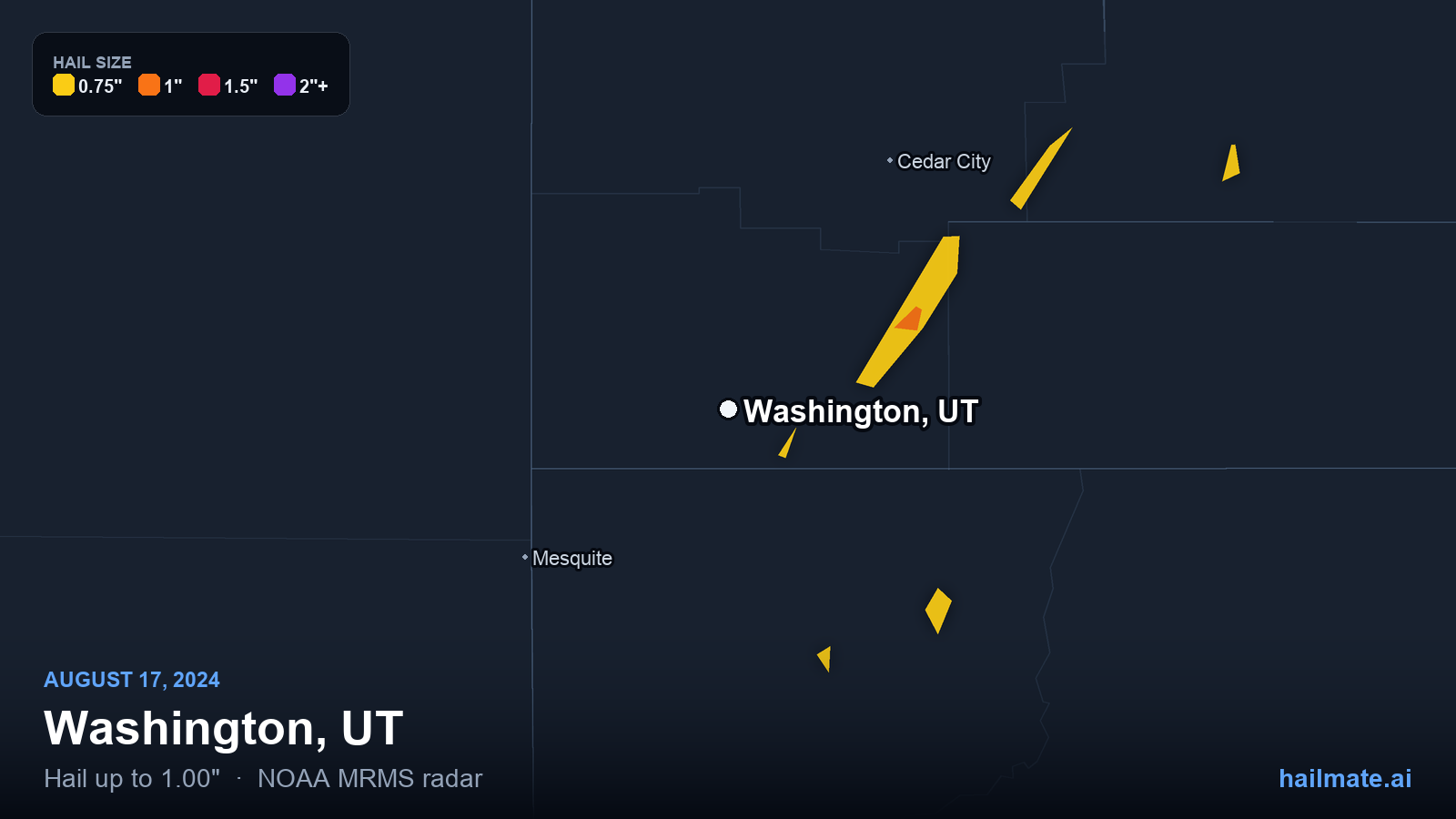 Hail swath map for Washington, UT on August 17, 2024 showing 1.00 inch hail.
