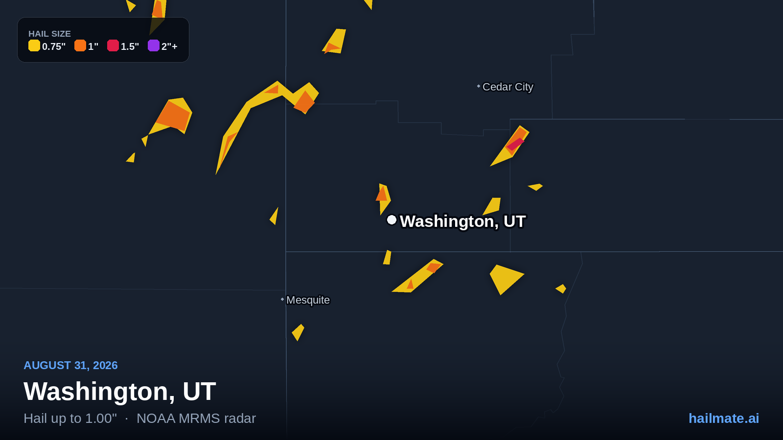 Hail swath map for Washington, UT on August 31, 2026 showing 1.00 inch hail.
