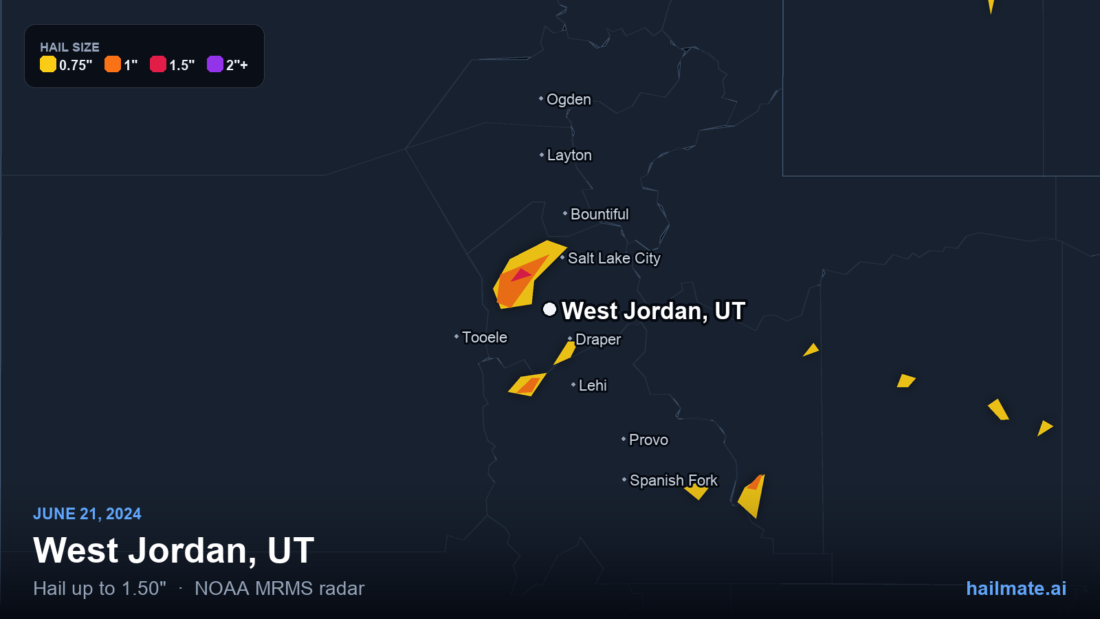 Hail swath map for West Jordan, UT on June 21, 2024 showing 1.50 inch hail.