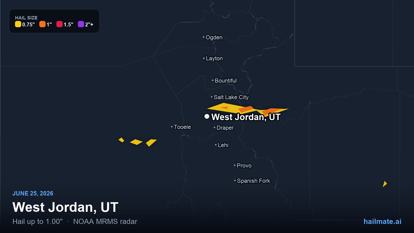 Hail swath map for West Jordan, UT on June 25, 2026 showing 1.00 inch hail.
