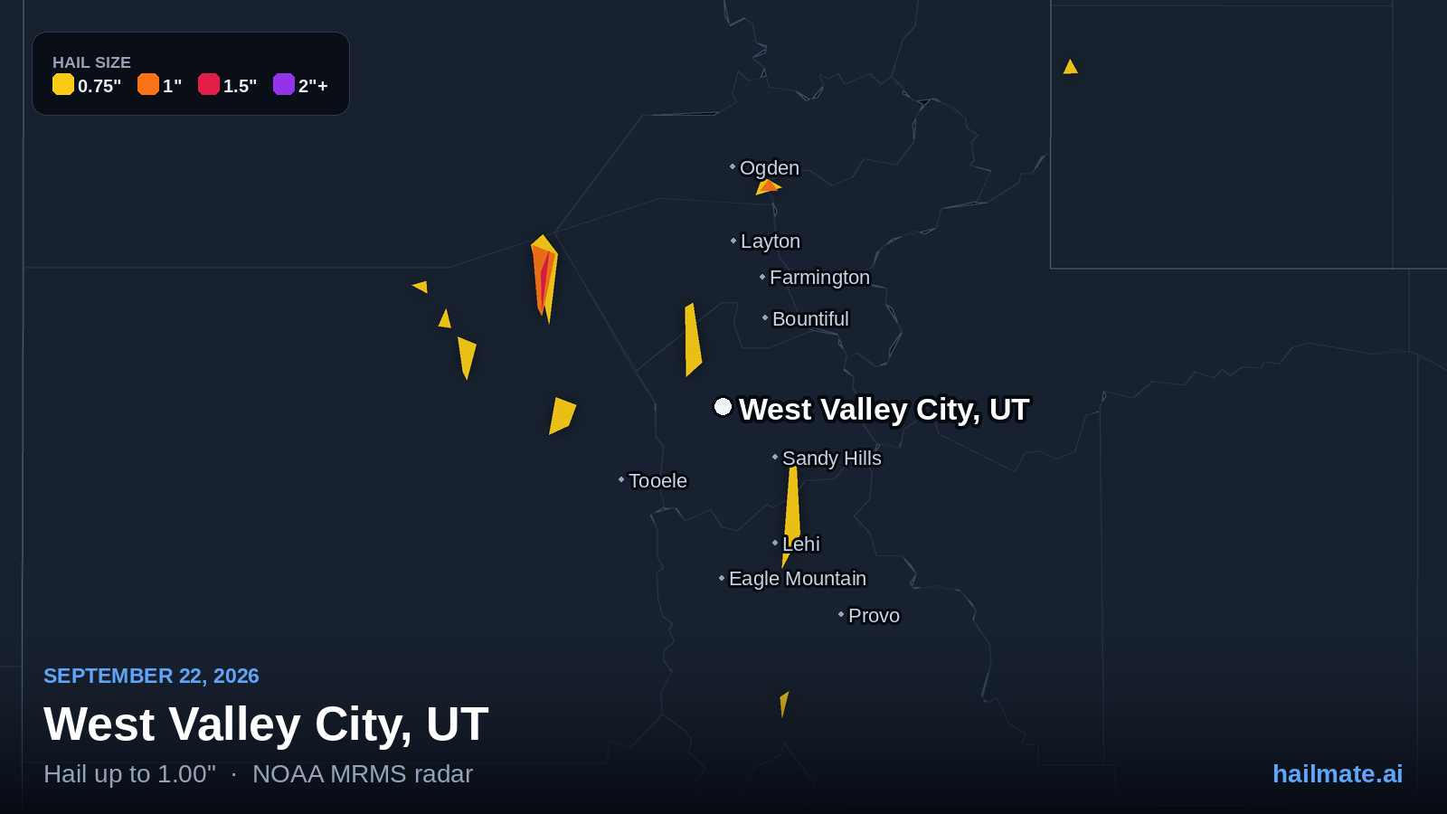 Hail swath map for West Valley City, UT on September 22, 2026 showing 1.00 inch hail.