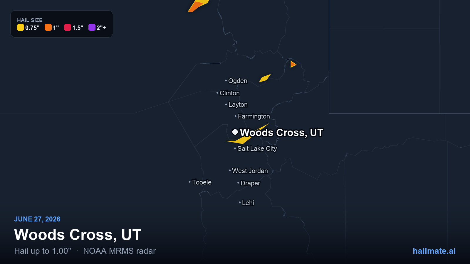 Hail swath map for Woods Cross, UT on June 27, 2026 showing 1.00 inch hail.