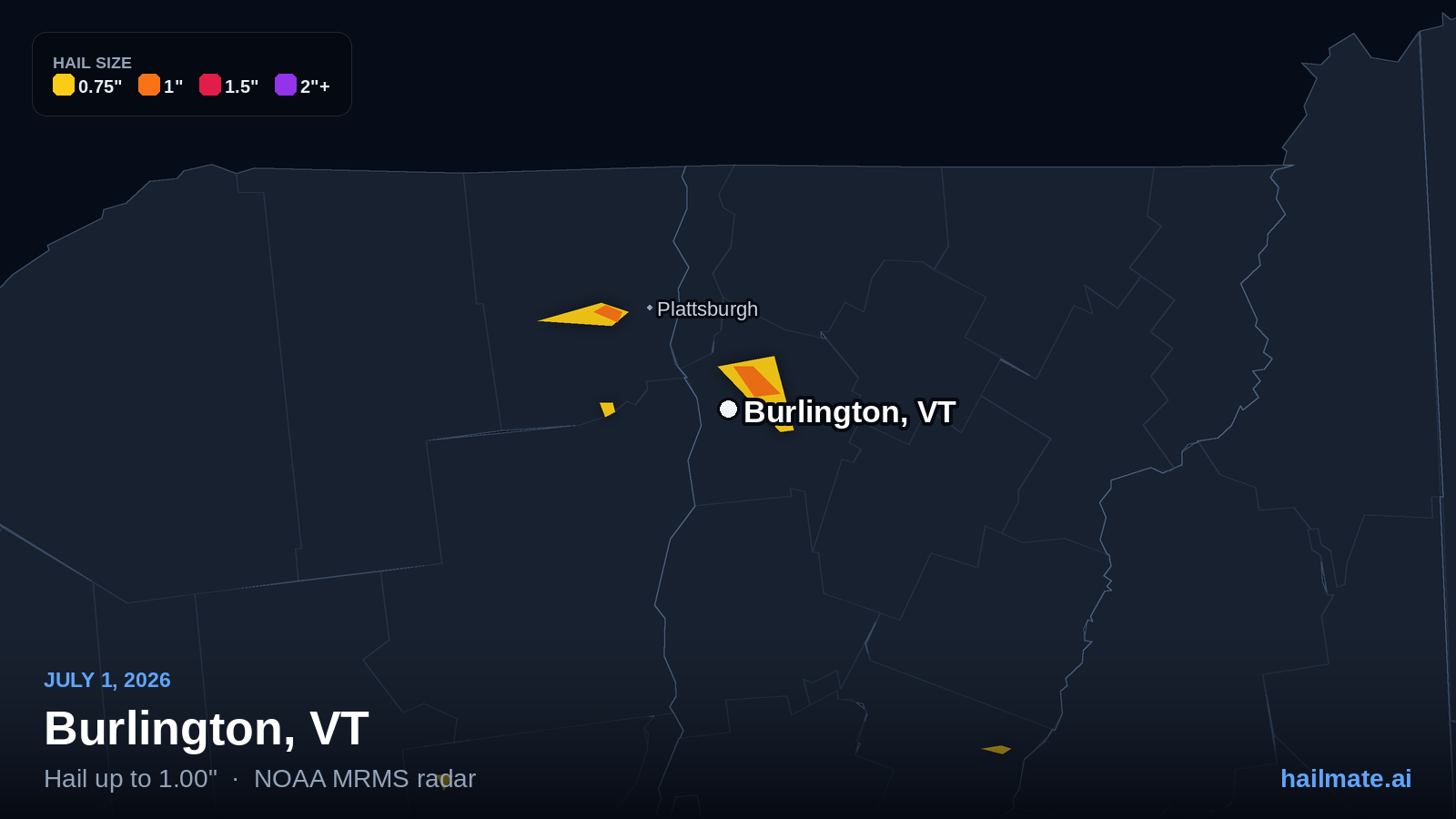 Hail swath map showing 1.00 inch hail over Burlington, Vermont on July 1, 2026.