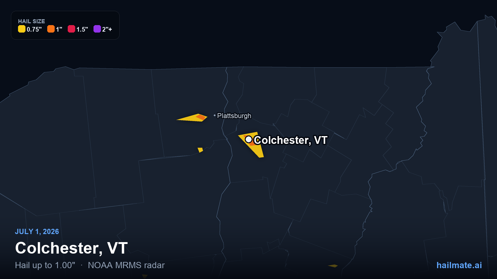 Hail swath map for Colchester, VT on July 1, 2026 showing 1.00 inch hail.