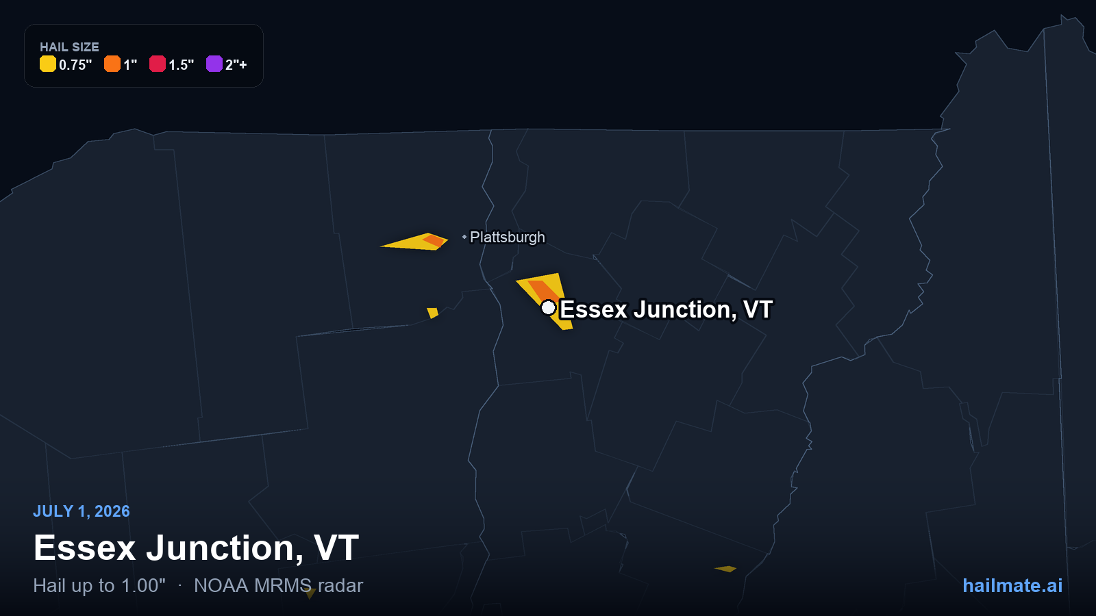 Hail swath map for Essex Junction, VT on July 1, 2026 showing 1.00 inch hail.