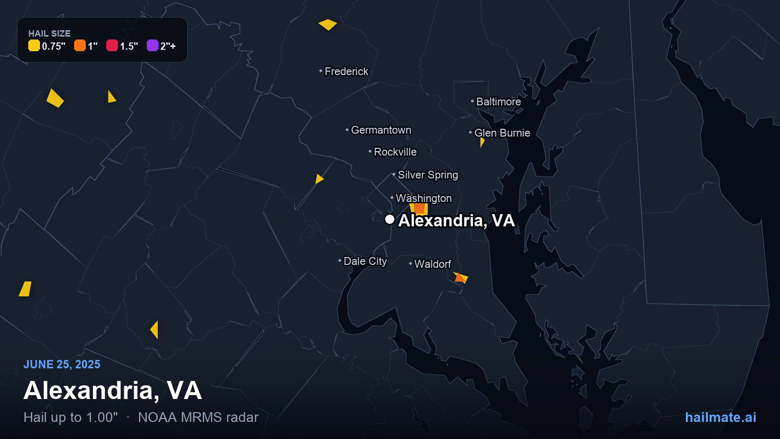 Hail swath map for Alexandria, VA on June 25, 2025 showing 1.00 inch hail.