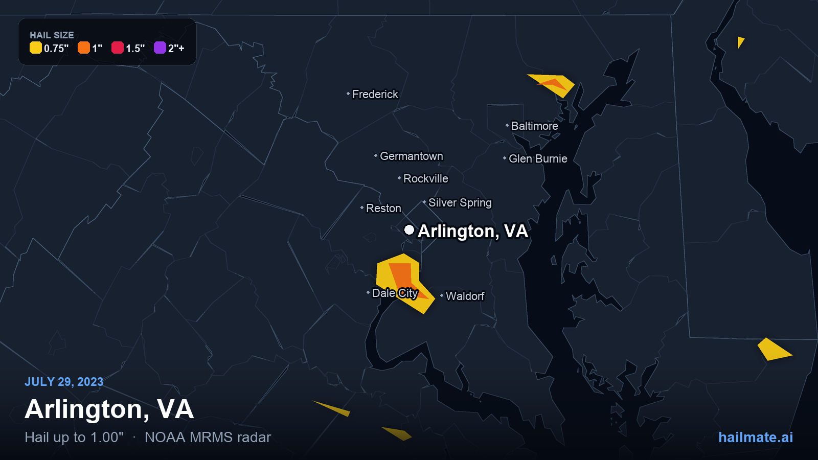 Hail swath map for Arlington, VA on July 29, 2023 showing 1.00 inch hail.