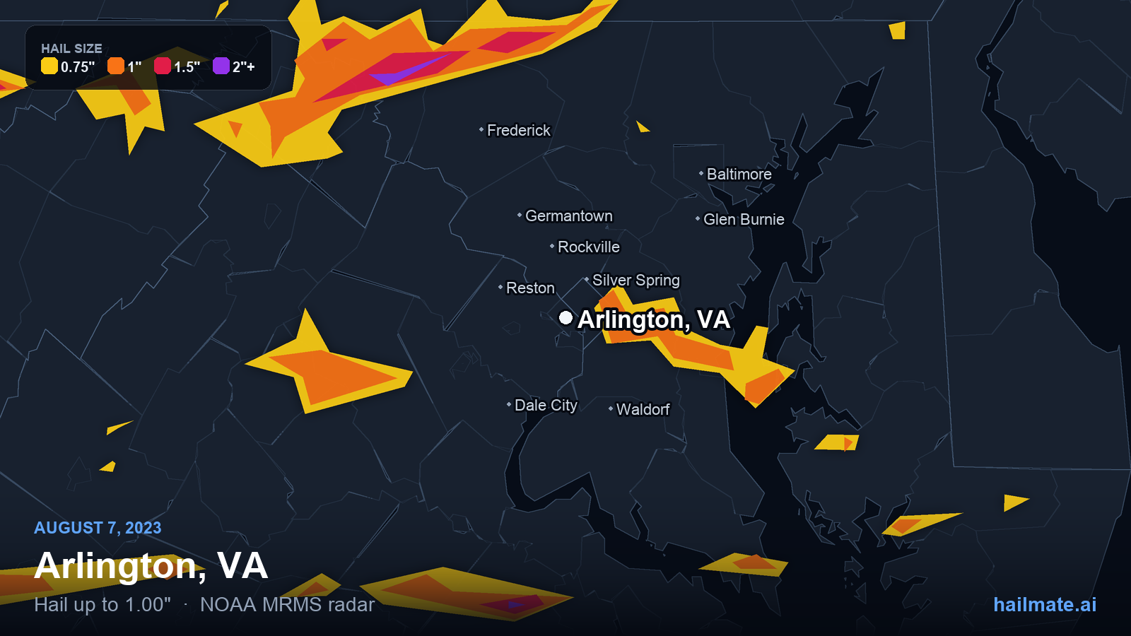 Hail swath map for Arlington, VA on August 7, 2023 showing 1.00 inch hail.
