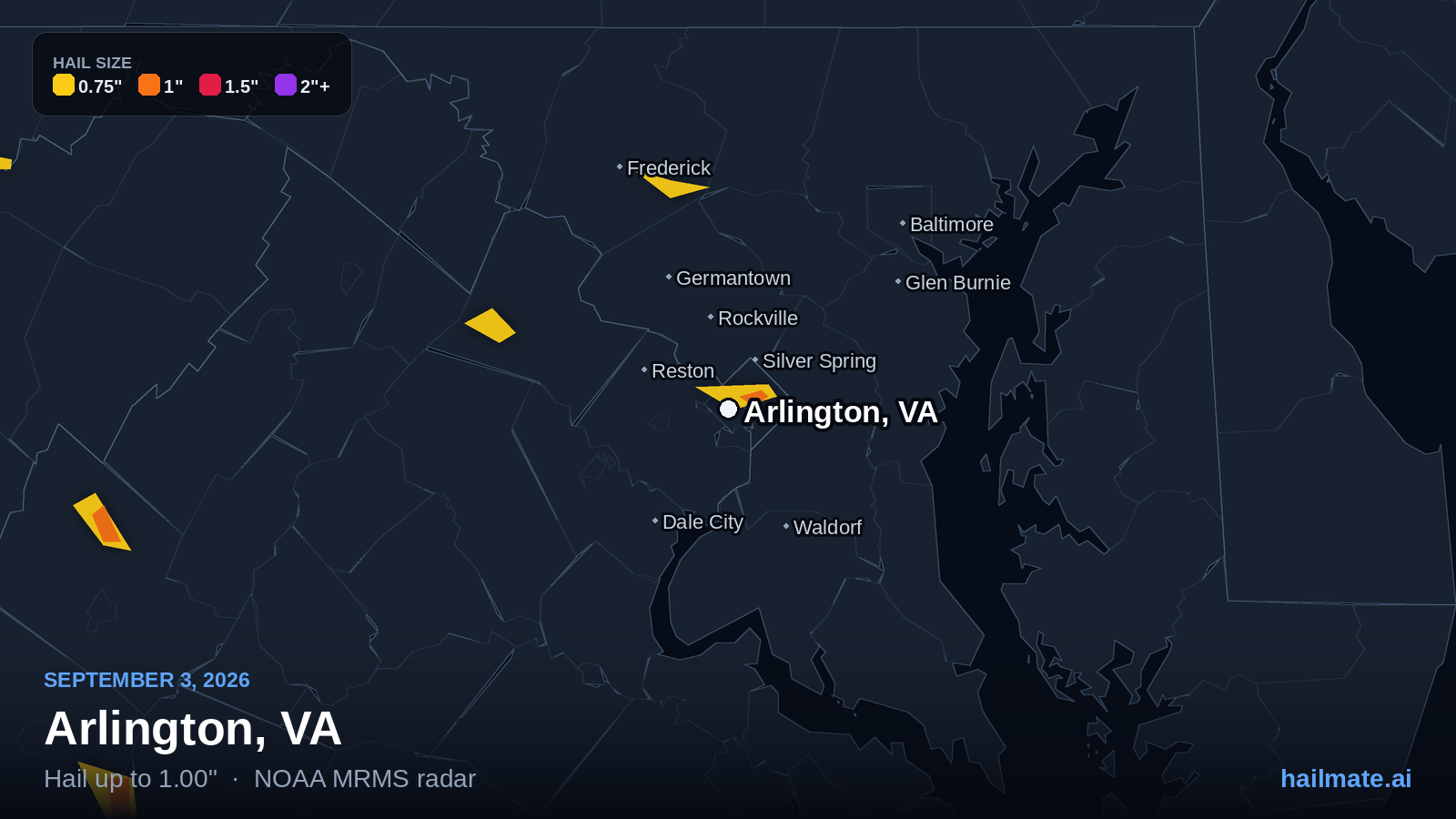 Hail swath map for Arlington, VA on September 3, 2026 showing 1.00 inch hail.
