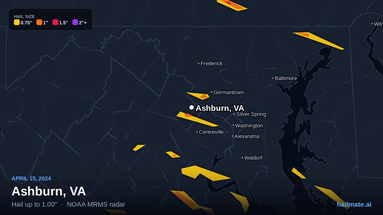 Hail swath map for Ashburn, VA on April 15, 2024 showing 1.00 inch hail.