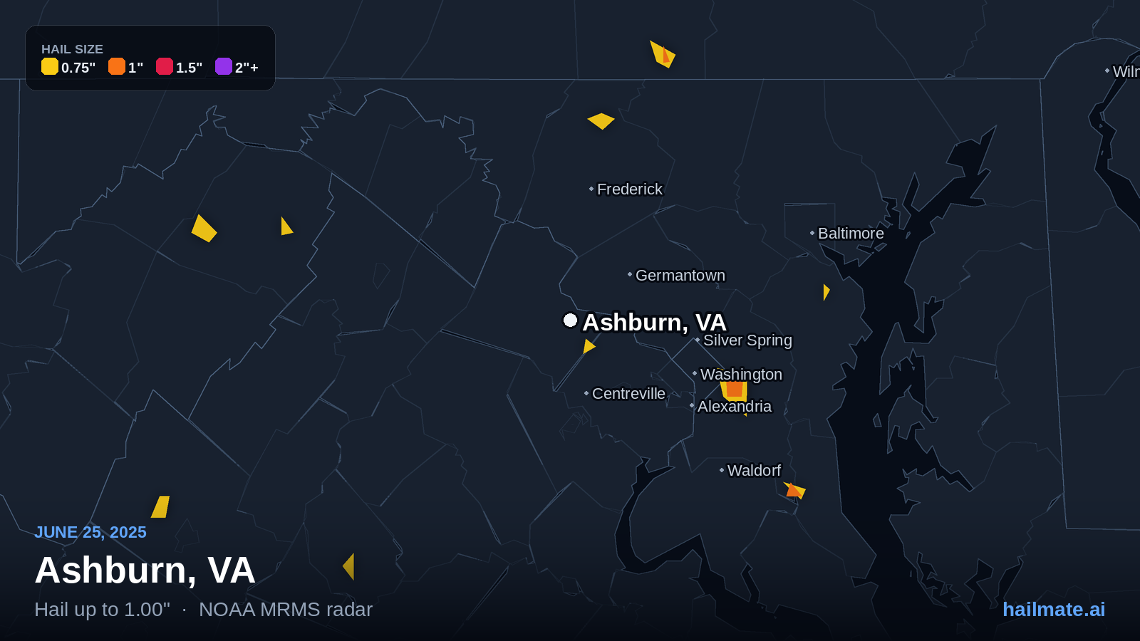Hail swath map for Ashburn, VA on June 25, 2025 showing 1.00 inch hail.