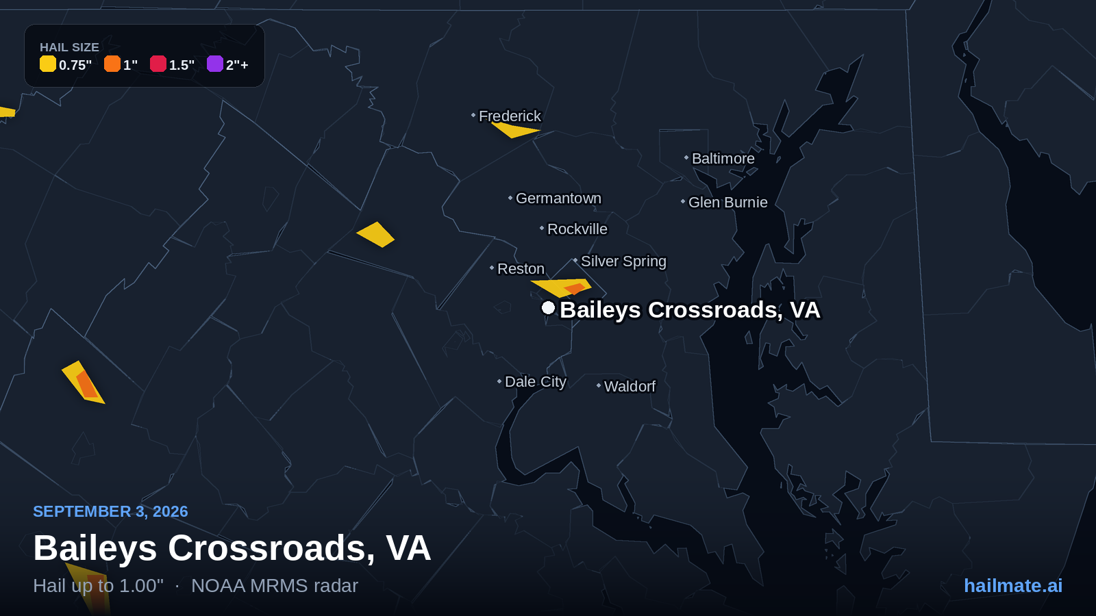 Hail swath map for Baileys Crossroads, VA on September 3, 2026 showing 1.00 inch hail.