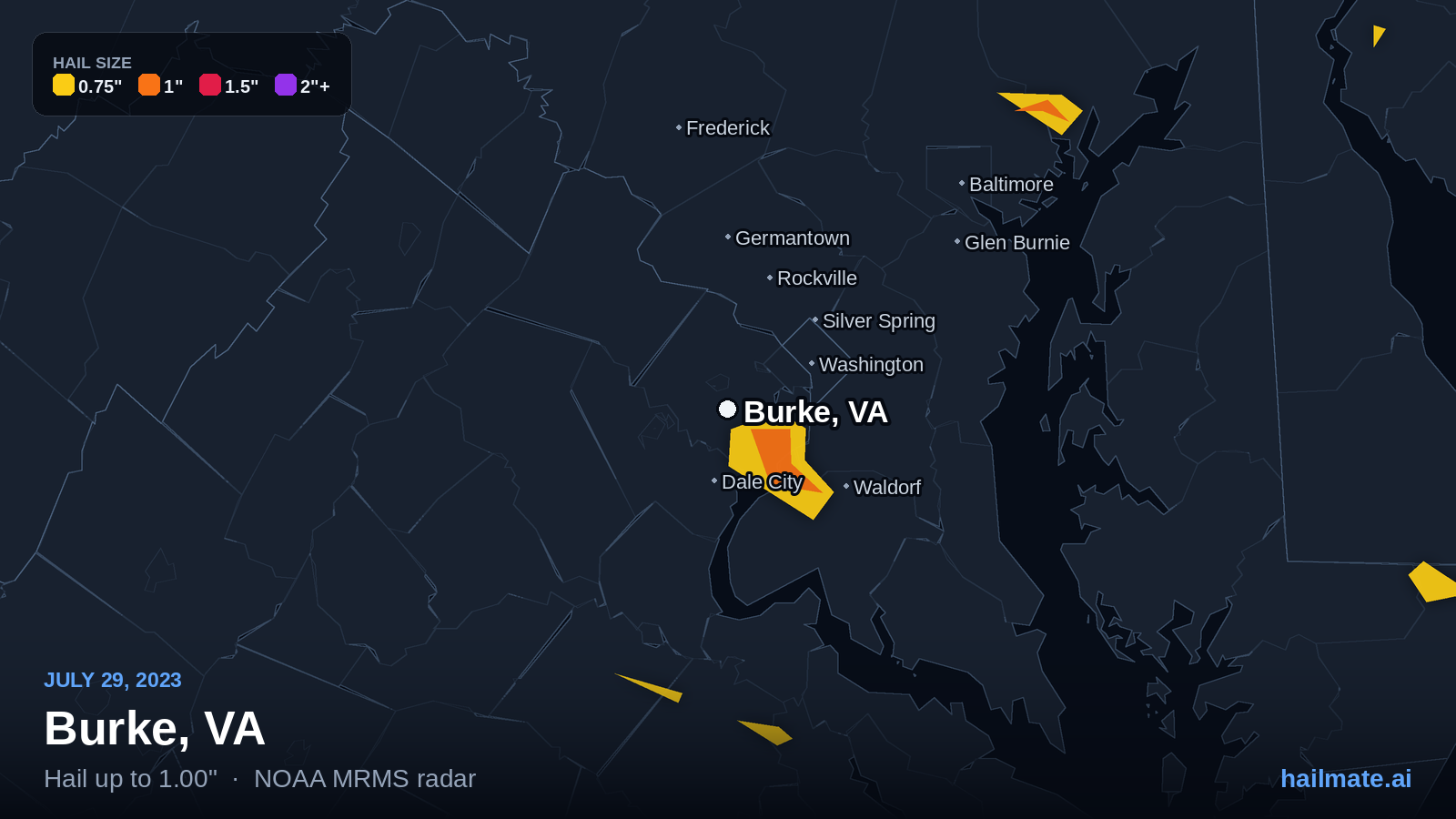 Hail swath map for Burke, VA on July 29, 2023 showing 1.00 inch hail.