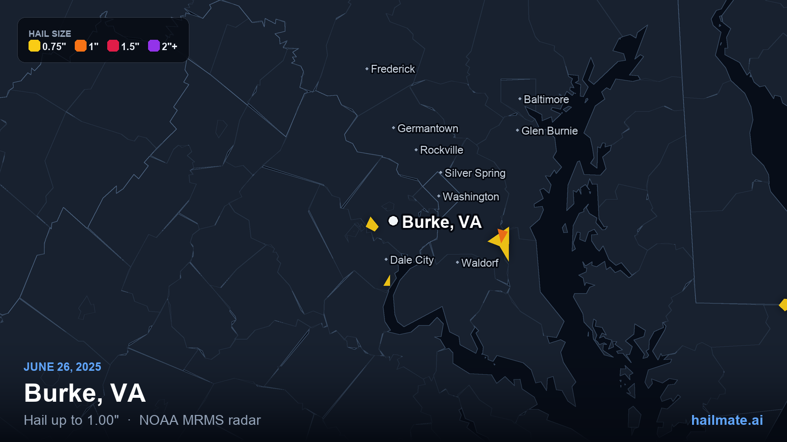 Hail swath map for Burke, VA on June 26, 2025 showing 1.00 inch hail.