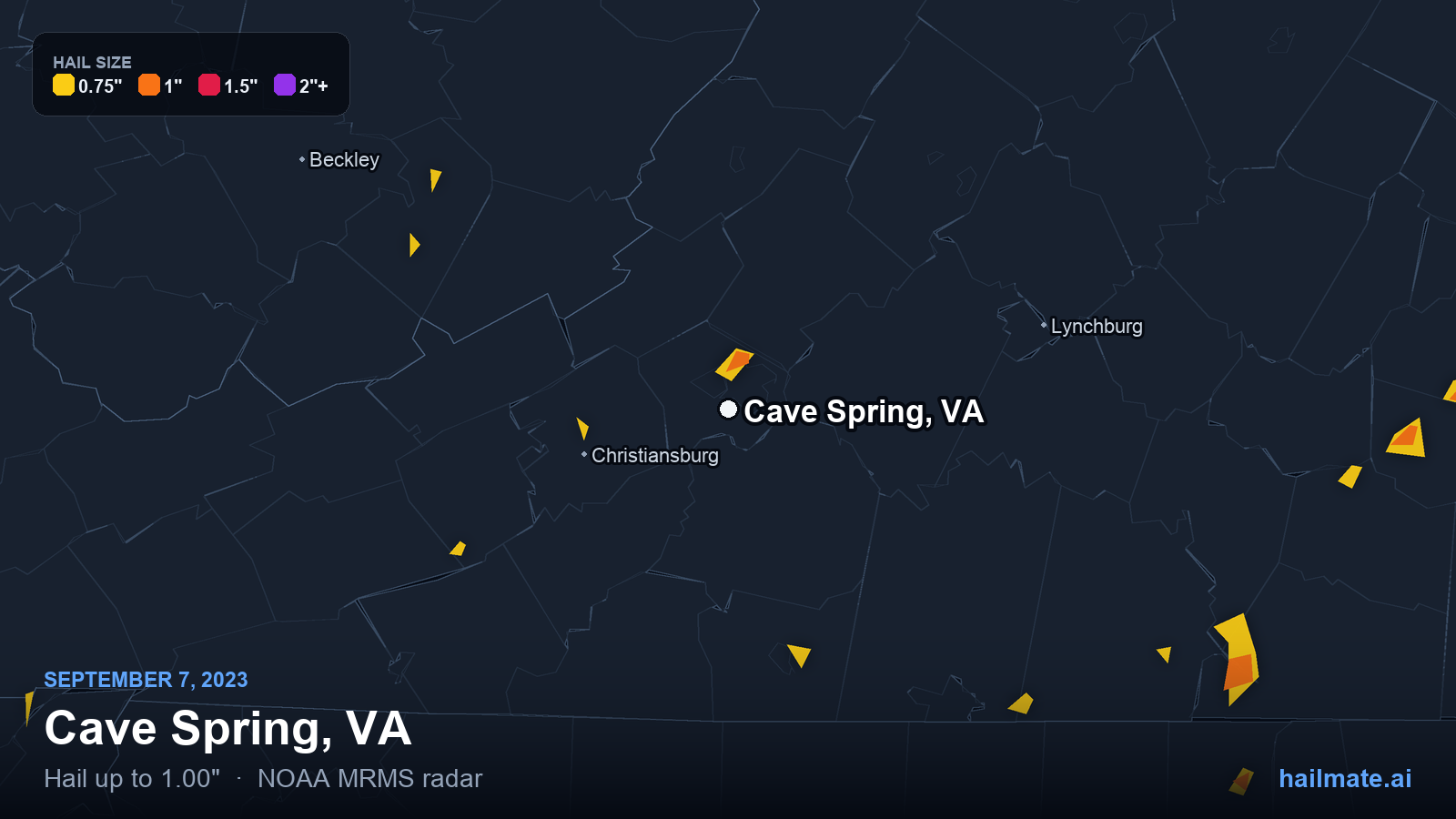 Hail swath map for Cave Spring, VA on September 7, 2023 showing 1.00 inch hail.