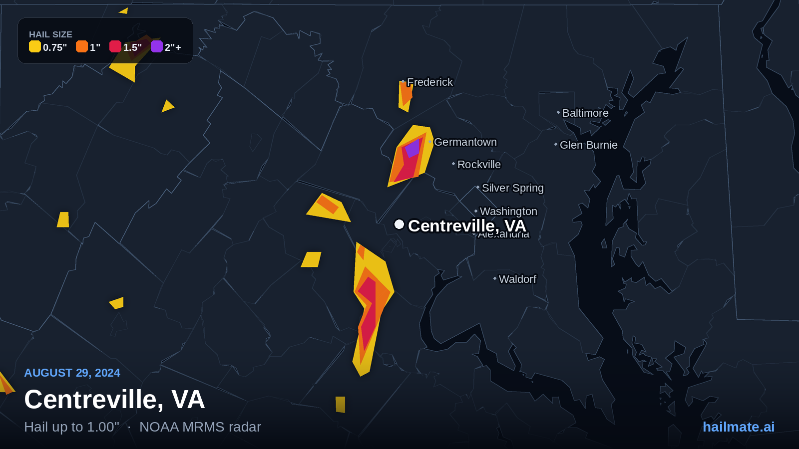 Hail swath map for Centreville, VA on August 29, 2024 showing 1.00 inch hail.