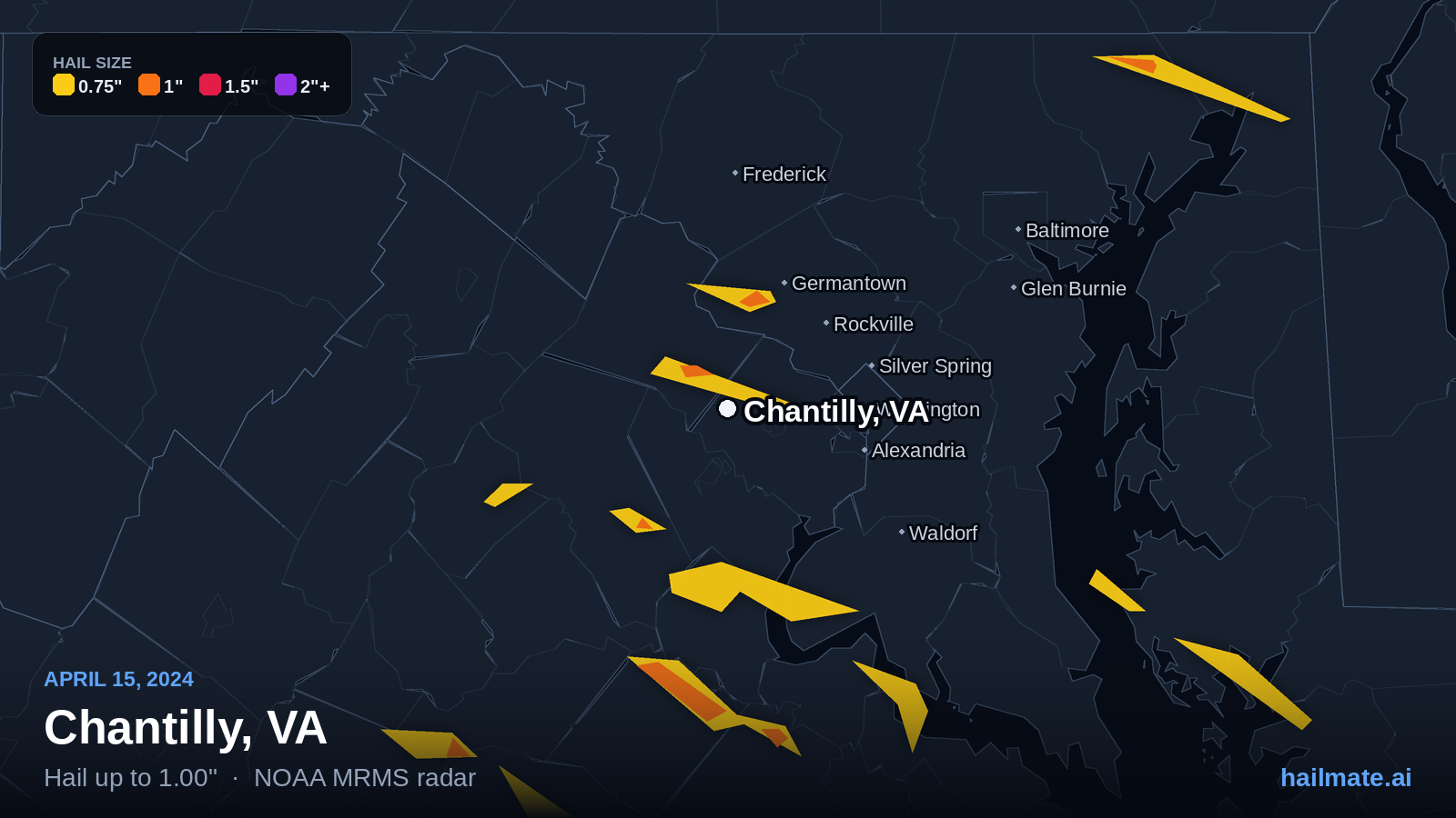 Hail swath map for Chantilly, VA on April 15, 2024 showing 1.00 inch hail.
