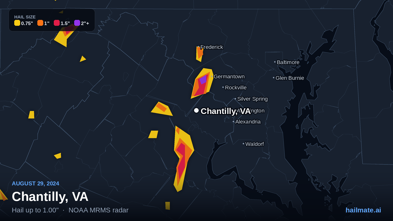 Hail swath map for Chantilly, VA on August 29, 2024 showing 1.00 inch hail.