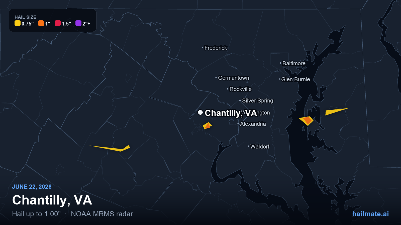 Hail swath map for Chantilly, VA on June 22, 2026 showing 1.00 inch hail.