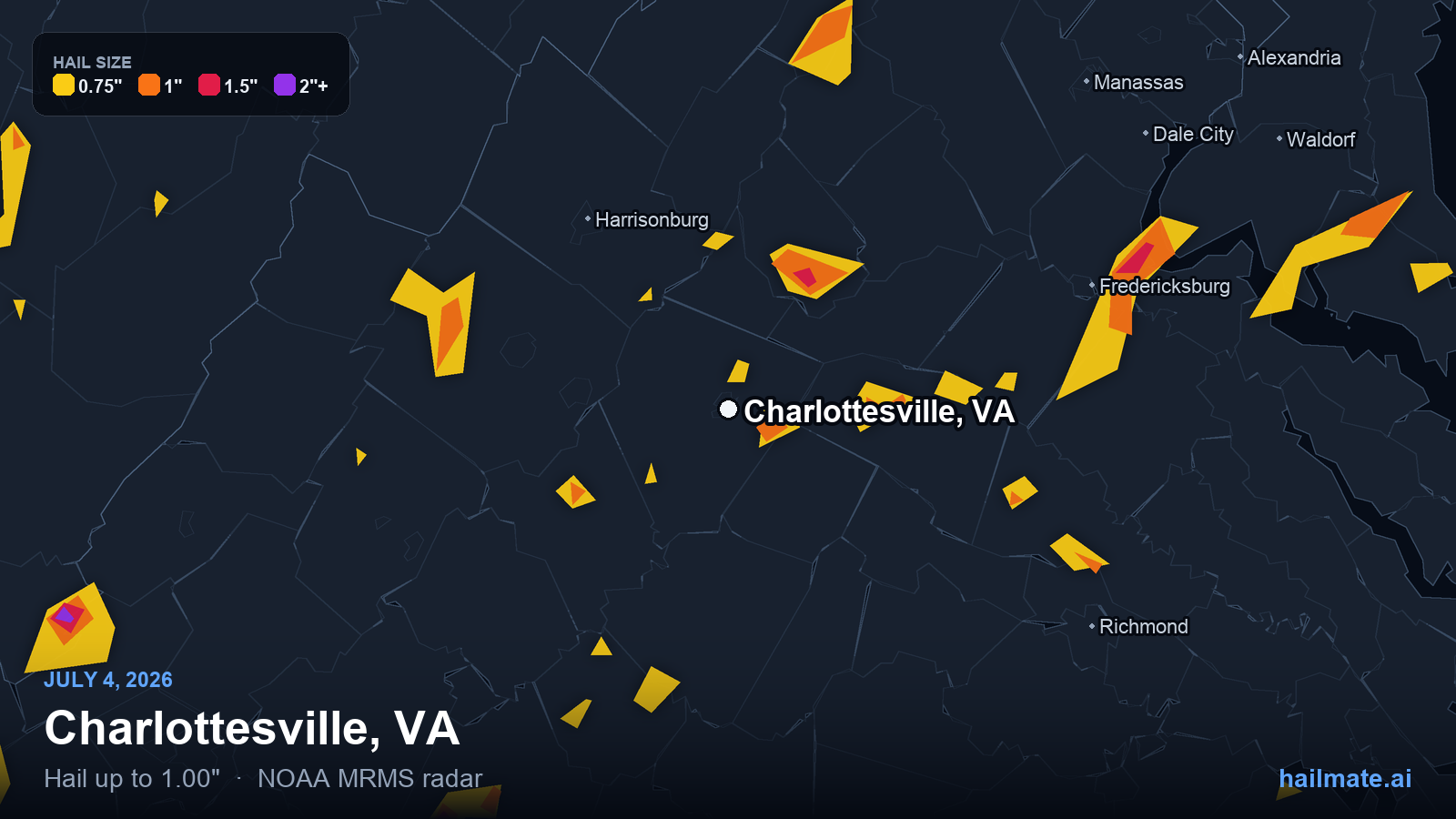 Hail swath map for Charlottesville, VA on July 4, 2026 showing 1.00 inch hail.