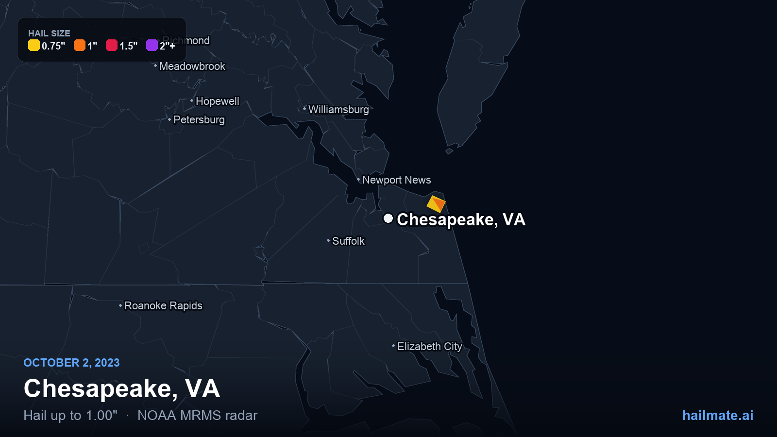 Hail swath map for Chesapeake, VA on October 2, 2023 showing 1.00 inch hail.